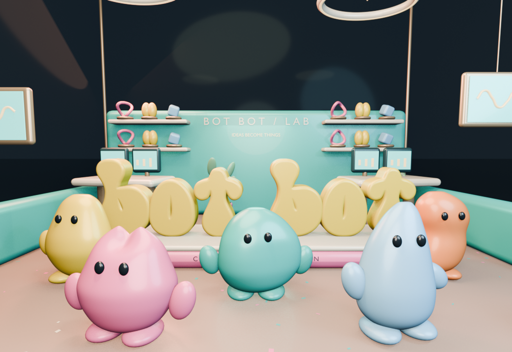 The five colorful BOT BOT characters gathered in their miniature laboratory
