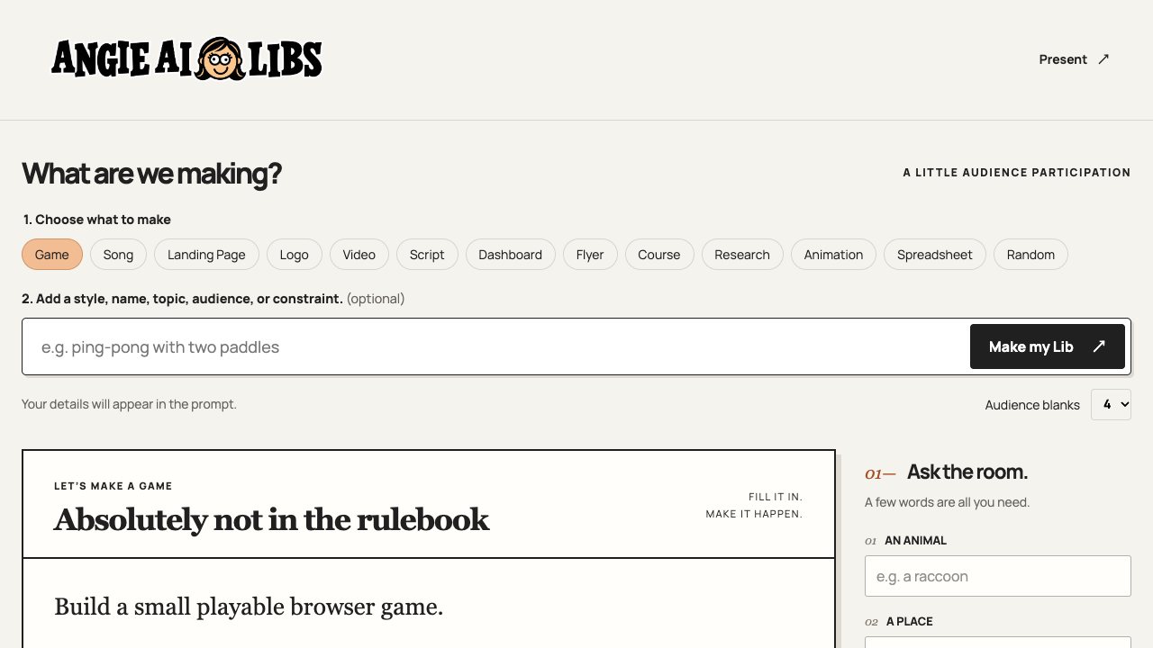 Angie AI Libs: buttons to choose a game, song, logo or video, and a fill-in-the-blanks prompt card