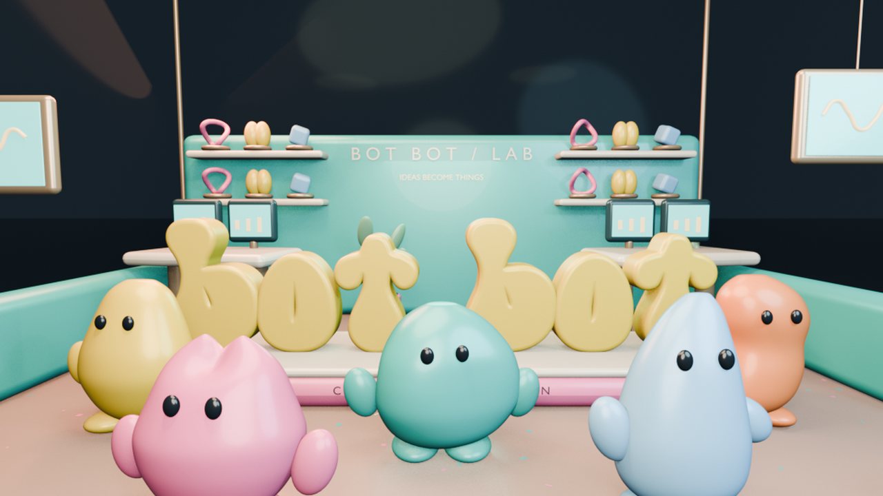 Five colorful bots gathered around a yellow BOT BOT sculpture in a miniature laboratory