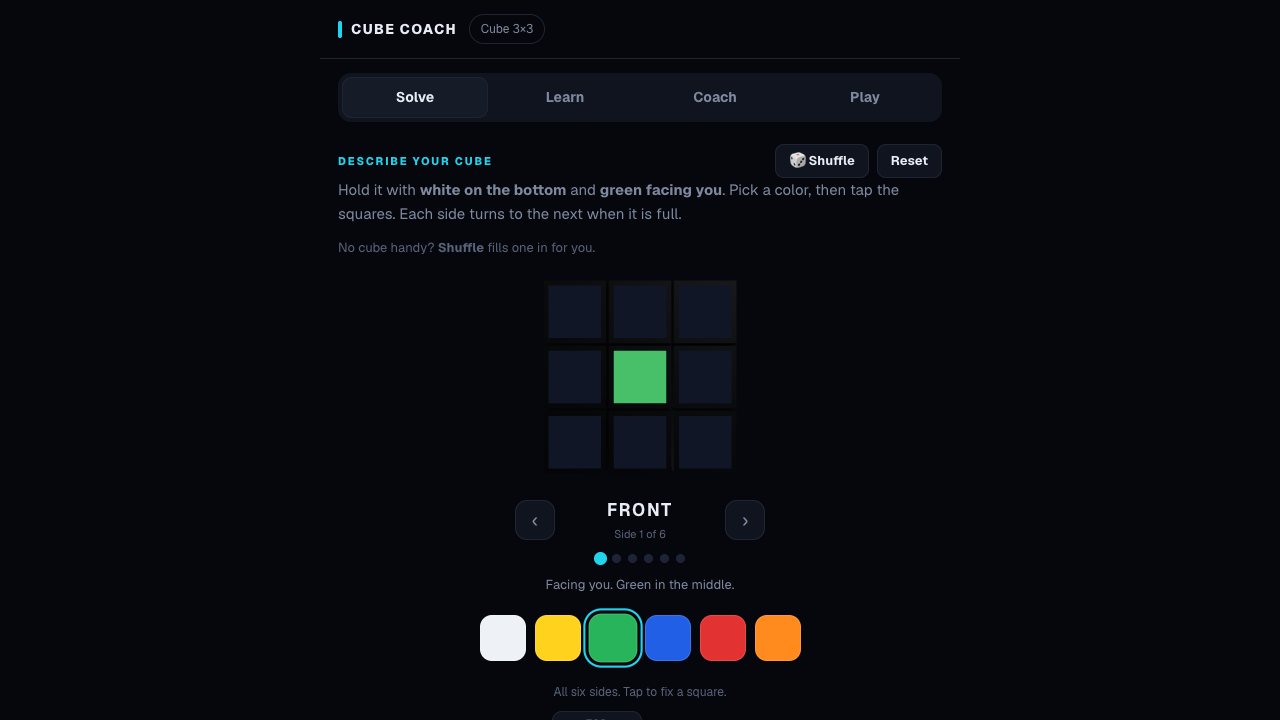 Cube Coach on a dark screen, asking which colors are on the front face of your cube