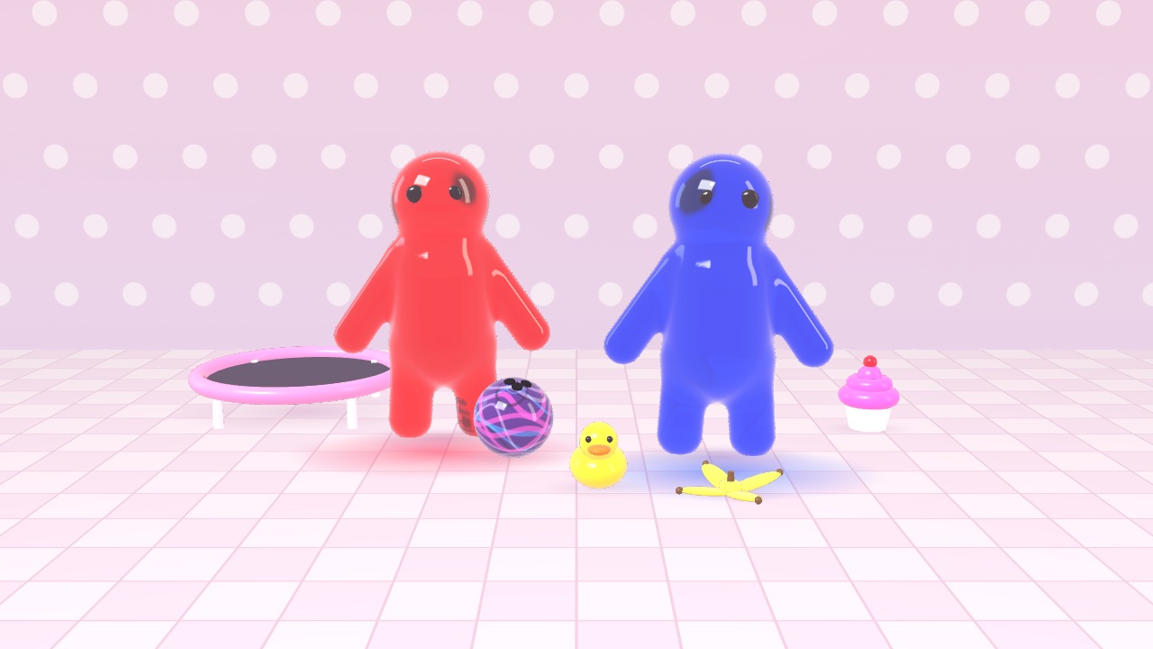 Two glossy jello figures, one red and one blue, on a pink tiled floor with a trampoline, bowling ball, rubber duck, banana peel and cupcake