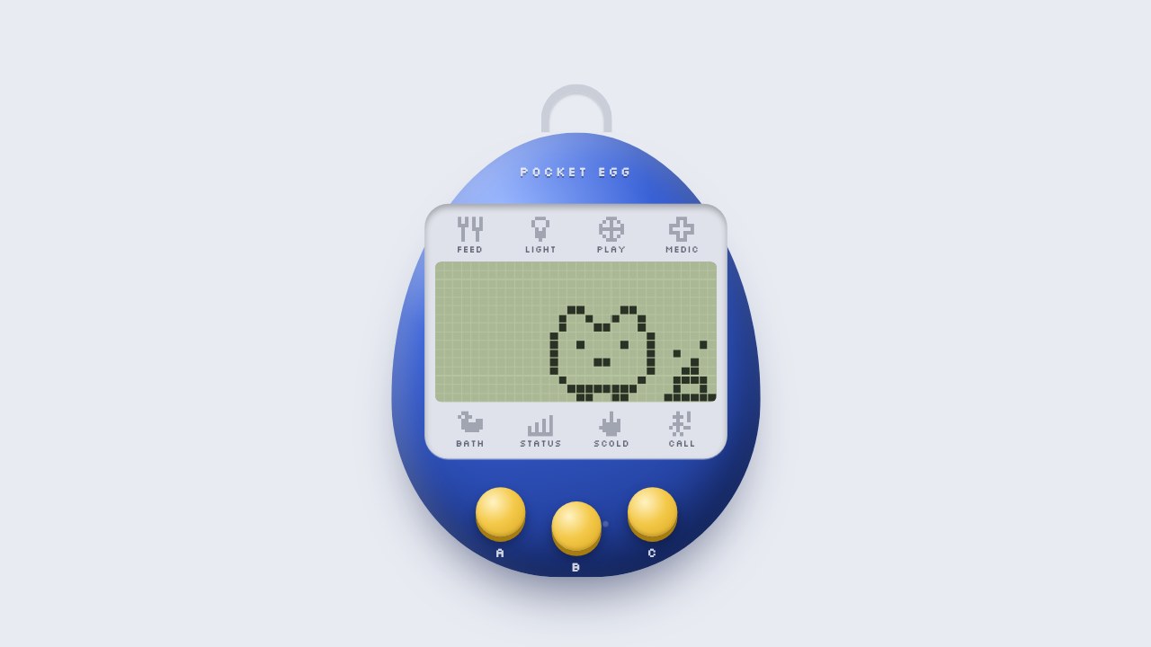 A blue egg-shaped toy with three yellow buttons. Its green pixel screen shows a small round creature next to a dropping, with care icons above and below