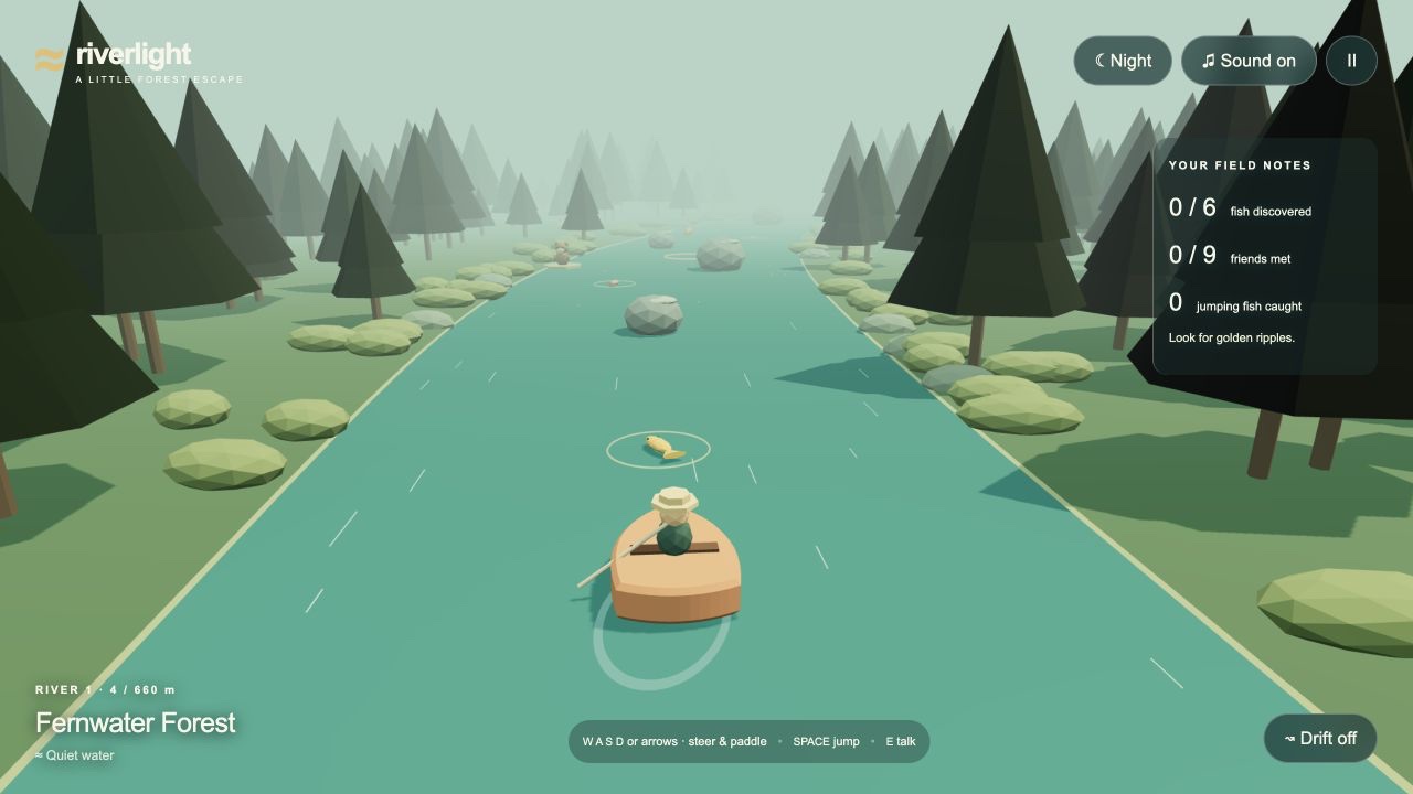 Riverlight gameplay: a tiny boat on a turquoise river surrounded by forest, rocks, and fish