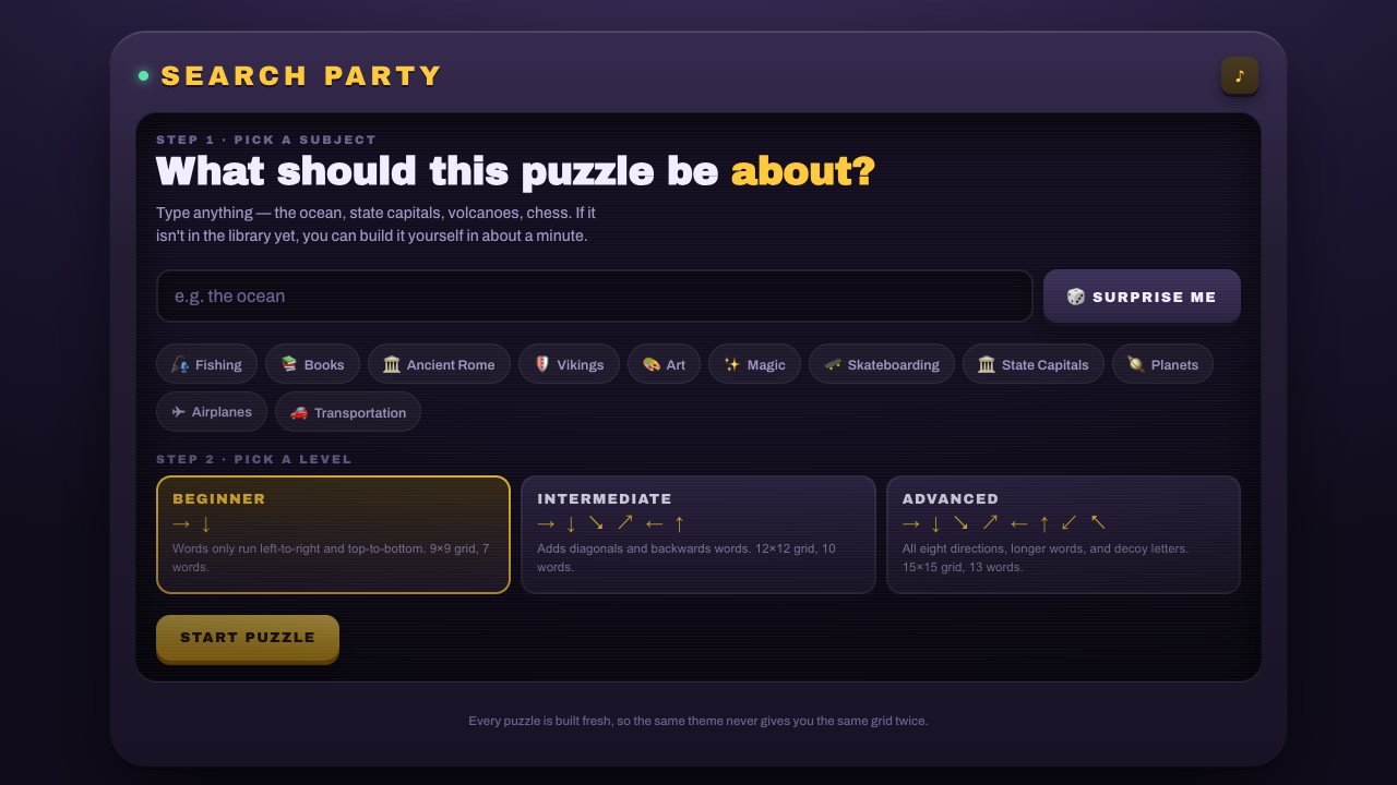 Search Party asking what the puzzle should be about, with subject suggestions and three difficulty levels