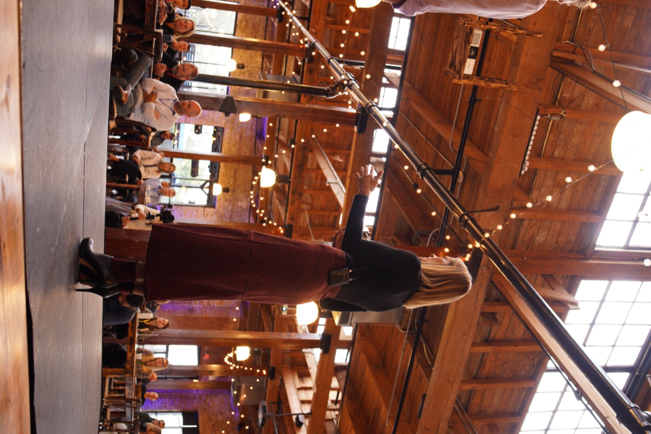 Angie Carel on stage in a loft venue
